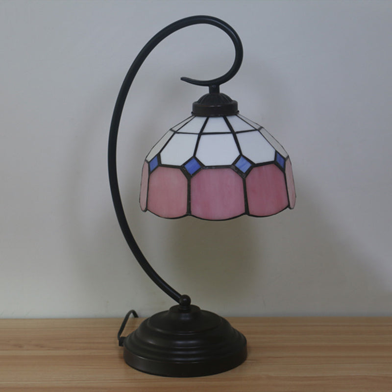 Domed Night Light Tiffany Hand Cut Glass 1 Head Red/Pink Grid Patterned Nightstand Lamp with Curved Arm Pink Clearhalo 'Desk Lamps' 'Lamps' Lighting' 893927