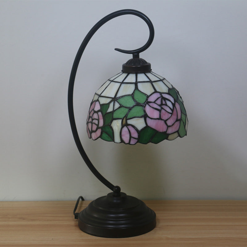 Bronze Curvy Night Light Baroque 1 Head Metal Red/Pink Rose/Tulip Patterned Desk Lighting with Bowl Cut Glass Shade Pink Clearhalo 'Desk Lamps' 'Lamps' Lighting' 893979