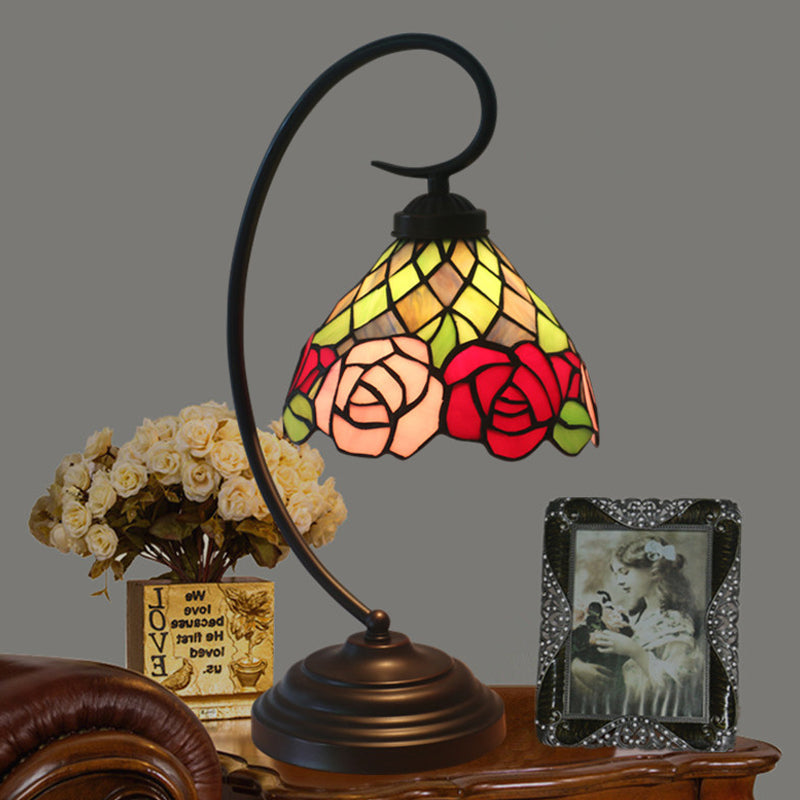 Victorian Bowl Table Lamp 1 Head Stained Art Glass Rose Patterned Desk Lamp in Dark Coffee Dark Coffee Clearhalo 'Desk Lamps' 'Lamps' Lighting' 894007