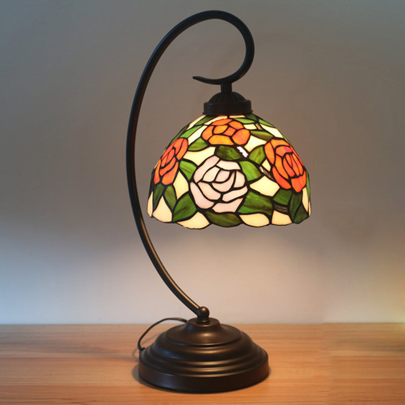 Pink/Orange 1-Head Desk Light Tiffany Hand Cut Glass Bowl Shape Night Table Lamp with Blossom Pattern for Bedroom Orange Clearhalo 'Desk Lamps' 'Lamps' Lighting' 894015