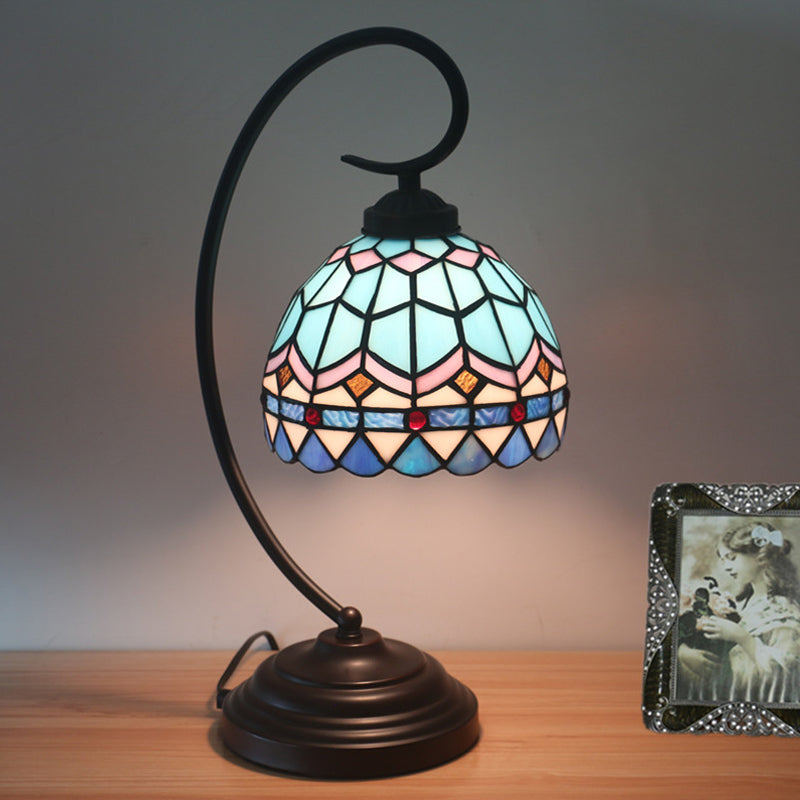 Yellow/Blue Domed Nightstand Lamp Tiffany Style 1-Light Stained Art Glass Task Lighting with Curvy Arm Blue Clearhalo 'Desk Lamps' 'Lamps' Lighting' 894063