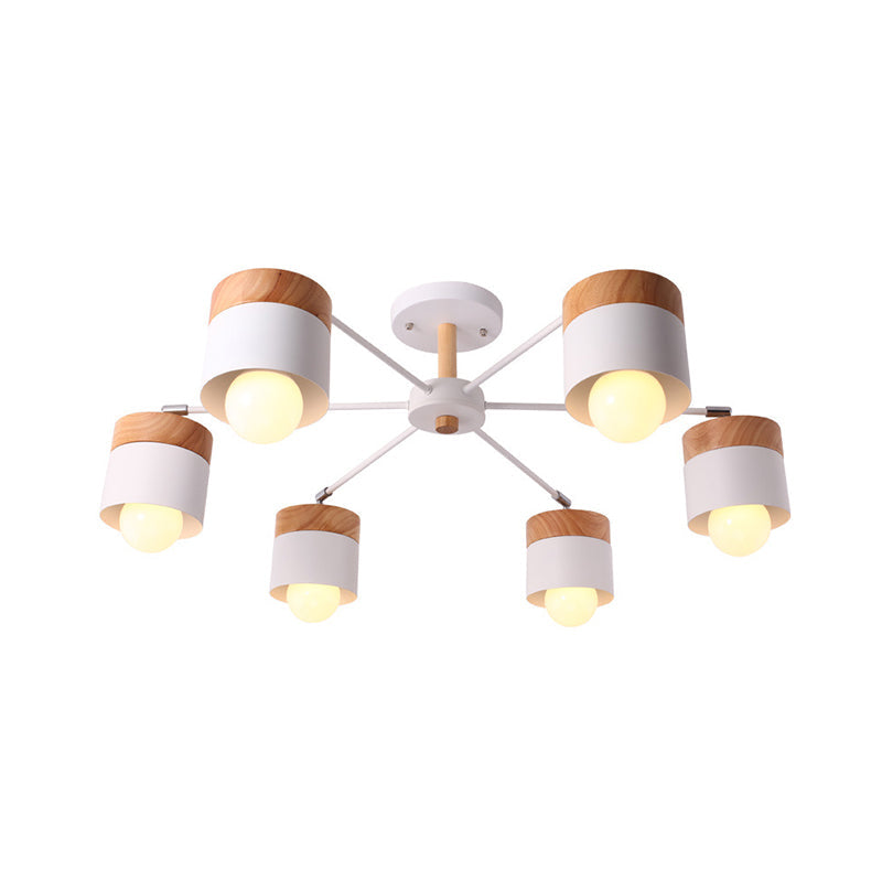 White Finish 6 Bulbs Ceiling Mount Chandelier Nordic Wood and Metal Cylinder Semi Flush Pendant Light White Clearhalo 'Ceiling Lights' 'Close To Ceiling Lights' 'Close to ceiling' 'Semi-flushmount' Lighting' 89408