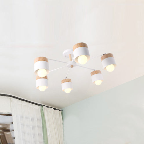 White Finish 6 Bulbs Ceiling Mount Chandelier Nordic Wood and Metal Cylinder Semi Flush Pendant Light Clearhalo 'Ceiling Lights' 'Close To Ceiling Lights' 'Close to ceiling' 'Semi-flushmount' Lighting' 89410