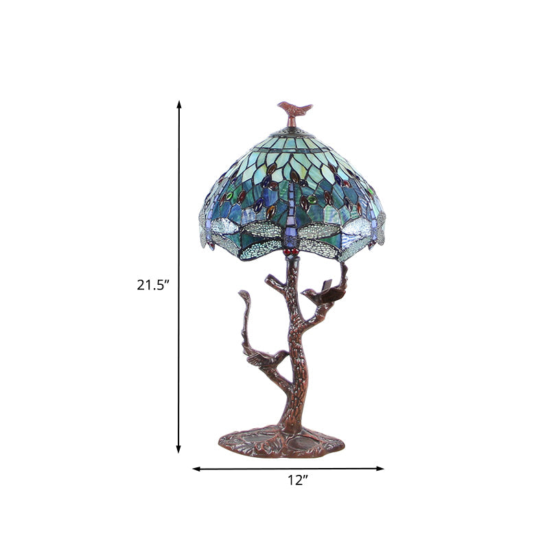 Dragonfly Stained Art Glass Night Light Victorian 1 Head Coffee Nightstand Lamp with Domed Shade and Bird Deco Clearhalo 'Lamps' 'Table Lamps' Lighting' 894206