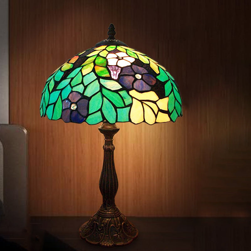 Stained Glass Coffee Nightstand Lamp Bowl Shape 1-Head Victorian Leaf and Petal Patterned Night Table Light Coffee Clearhalo 'Lamps' 'Table Lamps' Lighting' 894215