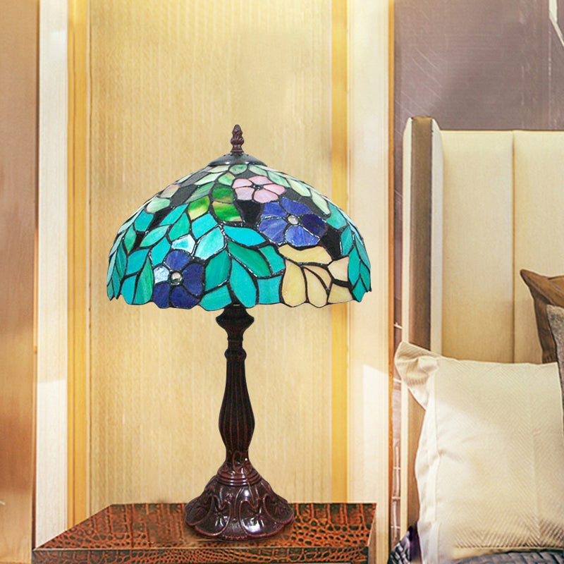 Stained Glass Coffee Nightstand Lamp Bowl Shape 1-Head Victorian Leaf and Petal Patterned Night Table Light Clearhalo 'Lamps' 'Table Lamps' Lighting' 894216
