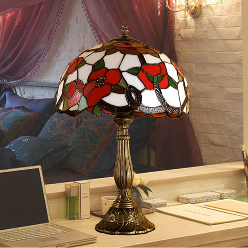 1-Head Nightstand Light Baroque Bowl Shade Stained Art Glass Blossom Patterned Table Lamp in Bronze Bronze Clearhalo 'Lamps' 'Table Lamps' Lighting' 894219