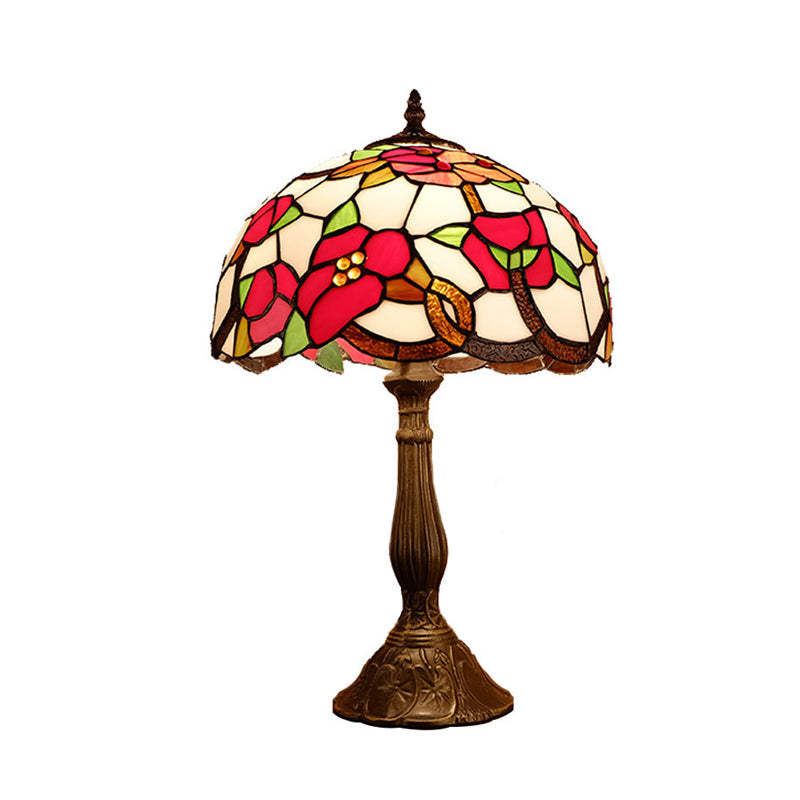 1-Head Nightstand Light Baroque Bowl Shade Stained Art Glass Blossom Patterned Table Lamp in Bronze Clearhalo 'Lamps' 'Table Lamps' Lighting' 894221