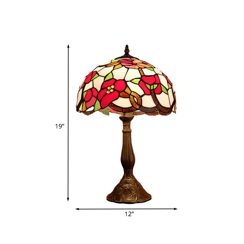 1-Head Nightstand Light Baroque Bowl Shade Stained Art Glass Blossom Patterned Table Lamp in Bronze Clearhalo 'Lamps' 'Table Lamps' Lighting' 894222