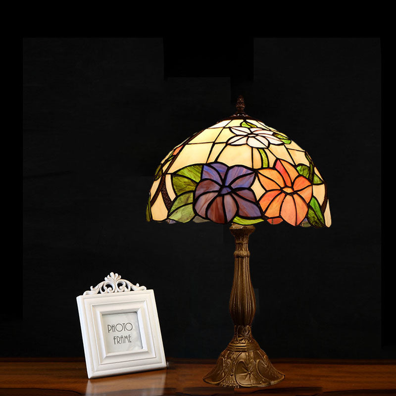 Tiffany Dome Shade Table Light 1-Bulb Stained Art Glass Night Lighting in Bronze with Bloom Pattern Bronze Clearhalo 'Lamps' 'Table Lamps' Lighting' 894227