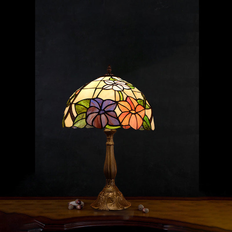 Tiffany Dome Shade Table Light 1-Bulb Stained Art Glass Night Lighting in Bronze with Bloom Pattern Clearhalo 'Lamps' 'Table Lamps' Lighting' 894228