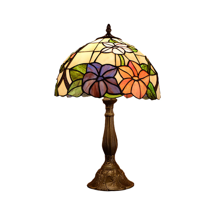 Tiffany Dome Shade Table Light 1-Bulb Stained Art Glass Night Lighting in Bronze with Bloom Pattern Clearhalo 'Lamps' 'Table Lamps' Lighting' 894229