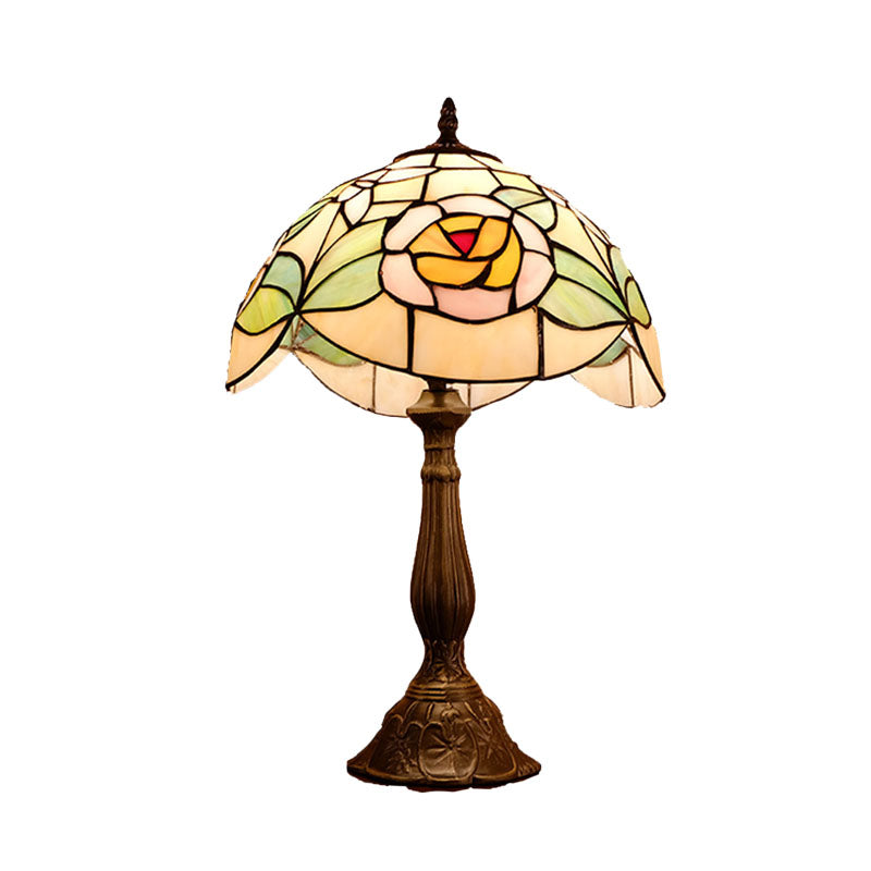 Bronze 1 Head Table Lighting Mediterranean Cut Glass Scalloped Edge Night Lamp with Rose Pattern Clearhalo 'Lamps' 'Table Lamps' Lighting' 894233