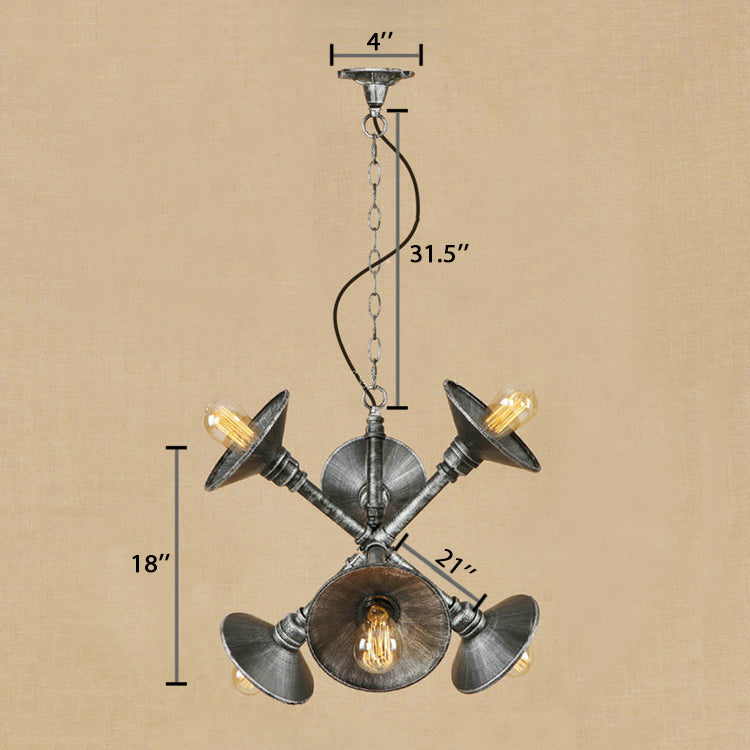 Aged Silver 6 Lights Pendant Lighting Antique Style Wrought Iron Saucer Shade Hanging Chandelier Lamp Clearhalo 'Cast Iron' 'Ceiling Lights' 'Chandeliers' 'Industrial Chandeliers' 'Industrial' 'Metal' 'Middle Century Chandeliers' 'Rustic Chandeliers' 'Tiffany' Lighting' 89424