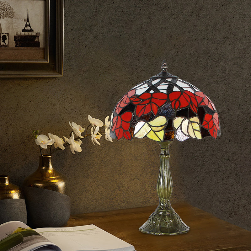 Cut Glass Domed Shade Night Lighting Victorian 1-Light Red/Brown Flower Patterned Table Lamp for Bedside Red Clearhalo 'Lamps' 'Table Lamps' Lighting' 894251