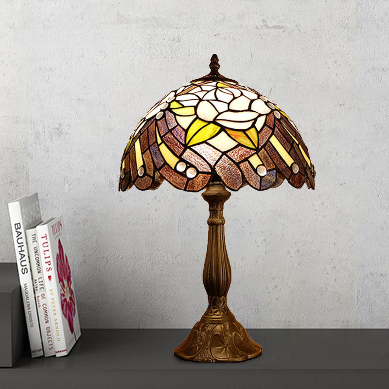 Cut Glass Domed Shade Night Lighting Victorian 1-Light Red/Brown Flower Patterned Table Lamp for Bedside Brown Clearhalo 'Lamps' 'Table Lamps' Lighting' 894255