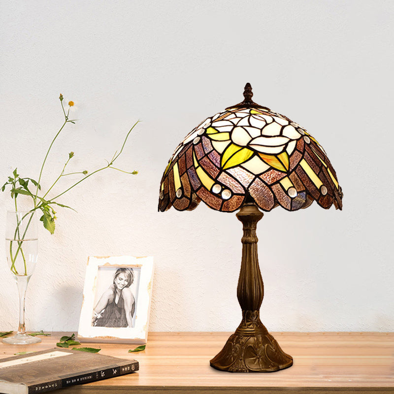 Cut Glass Domed Shade Night Lighting Victorian 1-Light Red/Brown Flower Patterned Table Lamp for Bedside Clearhalo 'Lamps' 'Table Lamps' Lighting' 894256