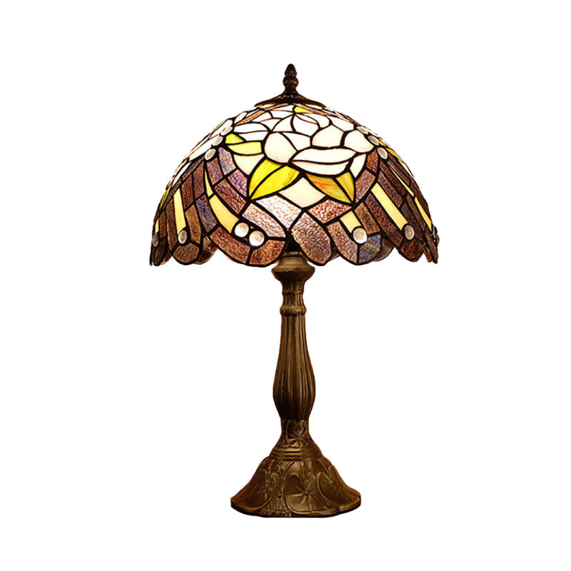 Cut Glass Domed Shade Night Lighting Victorian 1-Light Red/Brown Flower Patterned Table Lamp for Bedside Clearhalo 'Lamps' 'Table Lamps' Lighting' 894258