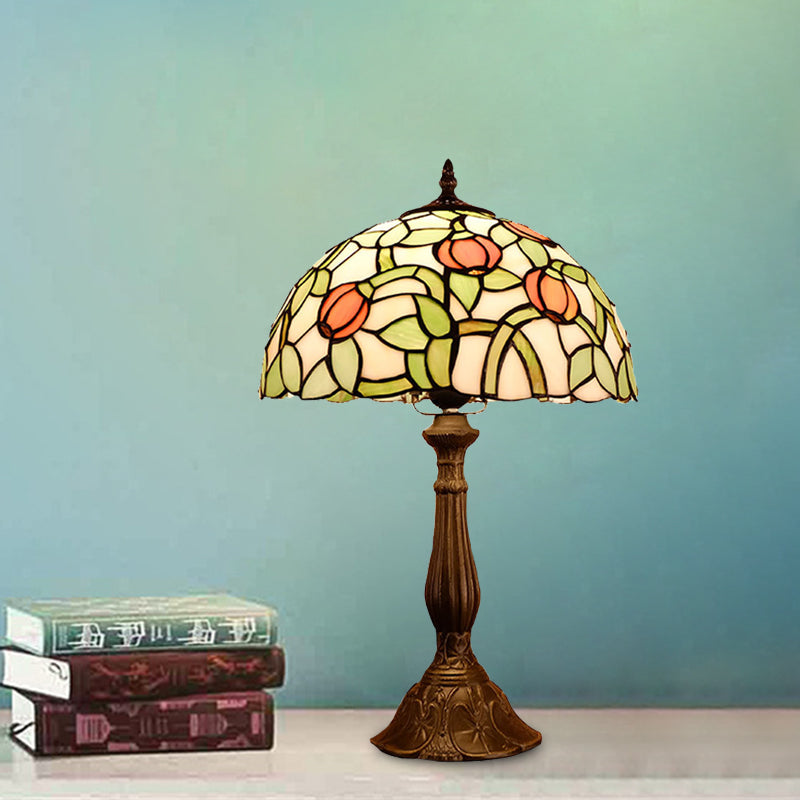 1-Bulb Bedroom Nightstand Lamp Mediterranean Bronze Tulip Patterned Table Light with Bowl Stained Glass Shade Bronze Clearhalo 'Lamps' 'Table Lamps' Lighting' 894267