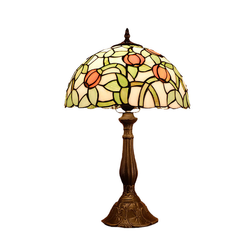 1-Bulb Bedroom Nightstand Lamp Mediterranean Bronze Tulip Patterned Table Light with Bowl Stained Glass Shade Clearhalo 'Lamps' 'Table Lamps' Lighting' 894269
