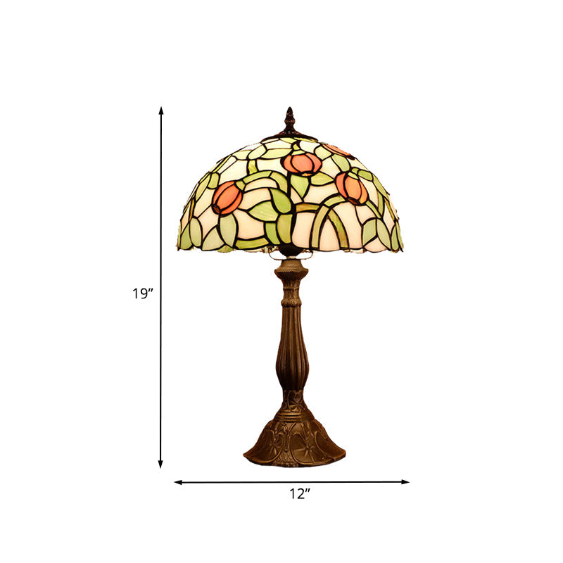 1-Bulb Bedroom Nightstand Lamp Mediterranean Bronze Tulip Patterned Table Light with Bowl Stained Glass Shade Clearhalo 'Lamps' 'Table Lamps' Lighting' 894270