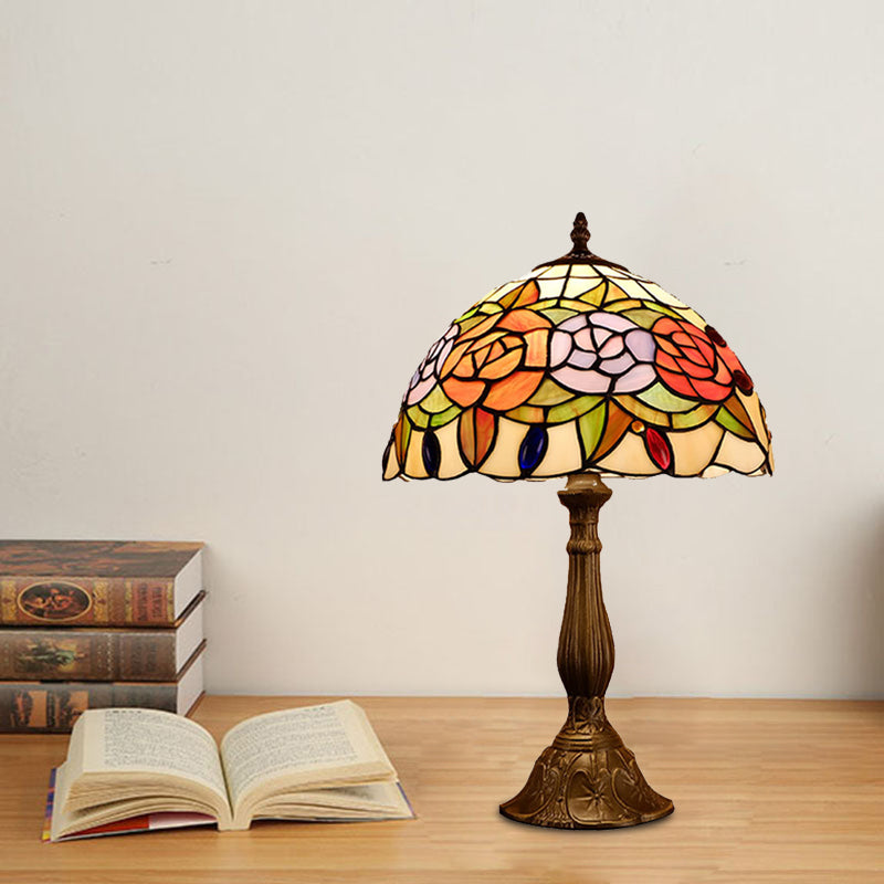 Domed Nightstand Light 1-Bulb Stained Art Glass Baroque Blossom Patterned Night Lighting in Red/Beige/Green Red Clearhalo 'Lamps' 'Table Lamps' Lighting' 894271