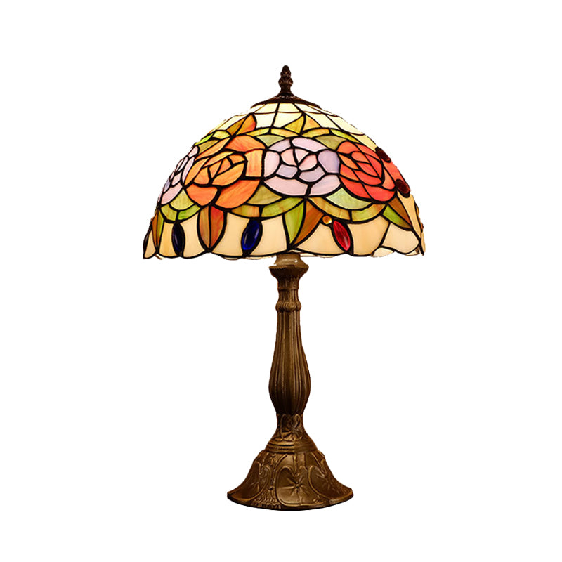 Domed Nightstand Light 1-Bulb Stained Art Glass Baroque Blossom Patterned Night Lighting in Red/Beige/Green Clearhalo 'Lamps' 'Table Lamps' Lighting' 894273