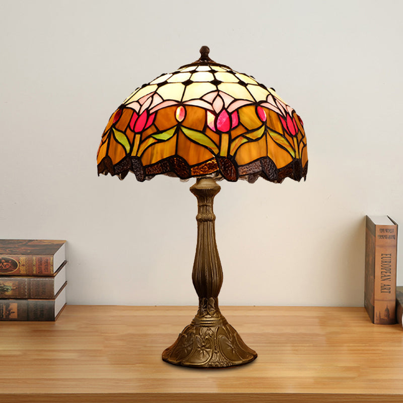 Domed Nightstand Light 1-Bulb Stained Art Glass Baroque Blossom Patterned Night Lighting in Red/Beige/Green Orange Clearhalo 'Lamps' 'Table Lamps' Lighting' 894275