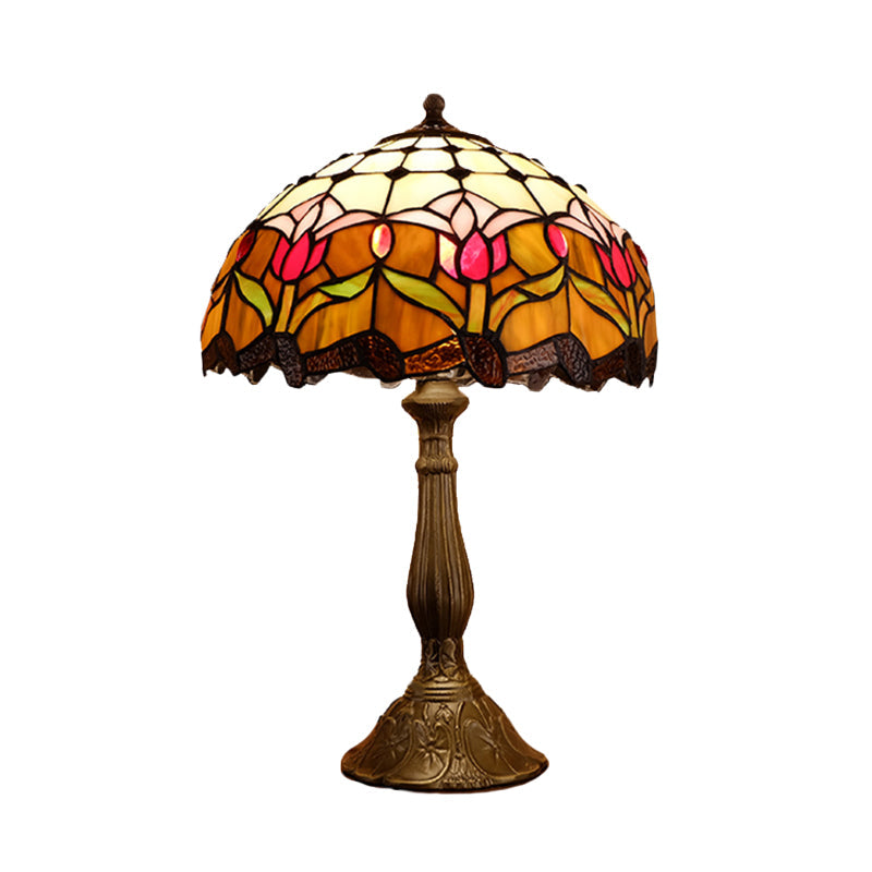 Domed Nightstand Light 1-Bulb Stained Art Glass Baroque Blossom Patterned Night Lighting in Red/Beige/Green Clearhalo 'Lamps' 'Table Lamps' Lighting' 894278