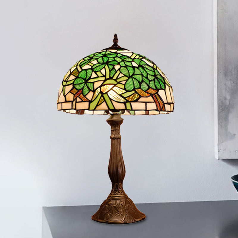 Domed Nightstand Light 1-Bulb Stained Art Glass Baroque Blossom Patterned Night Lighting in Red/Beige/Green Green Clearhalo 'Lamps' 'Table Lamps' Lighting' 894283