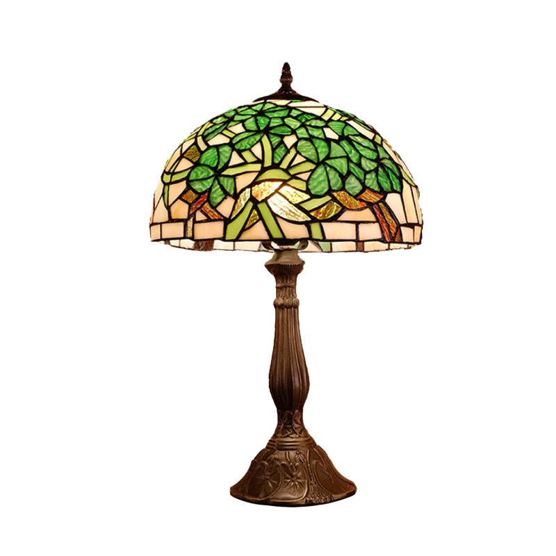 Domed Nightstand Light 1-Bulb Stained Art Glass Baroque Blossom Patterned Night Lighting in Red/Beige/Green Clearhalo 'Lamps' 'Table Lamps' Lighting' 894286