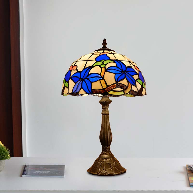 Stained Glass Bronze Nightstand Lighting Dome 1 Light Tiffany Night Table Light with Gardenia Pattern Bronze Clearhalo 'Lamps' 'Table Lamps' Lighting' 894287