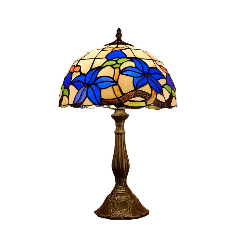 Stained Glass Bronze Nightstand Lighting Dome 1 Light Tiffany Night Table Light with Gardenia Pattern Clearhalo 'Lamps' 'Table Lamps' Lighting' 894289