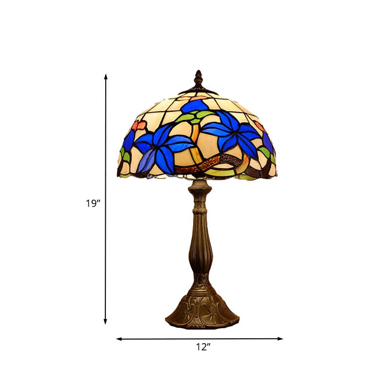 Stained Glass Bronze Nightstand Lighting Dome 1 Light Tiffany Night Table Light with Gardenia Pattern Clearhalo 'Lamps' 'Table Lamps' Lighting' 894290