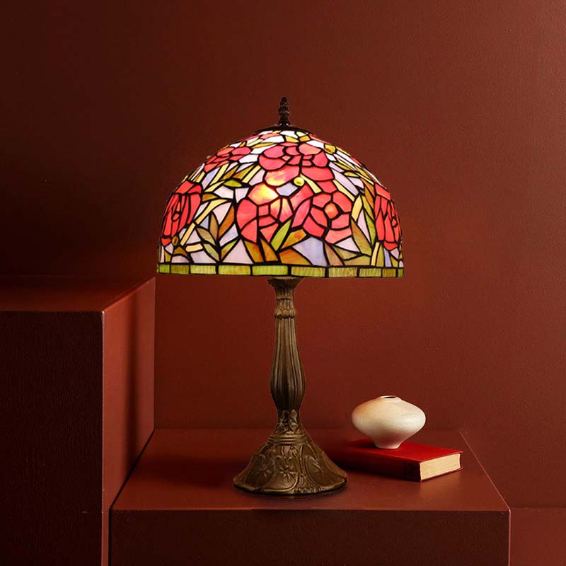 Red/Orange Bowl Table Lighting Tiffany 1 Light Stained Art Glass Rose Patterned Night Lamp for Bedroom Red Clearhalo 'Lamps' 'Table Lamps' Lighting' 894295