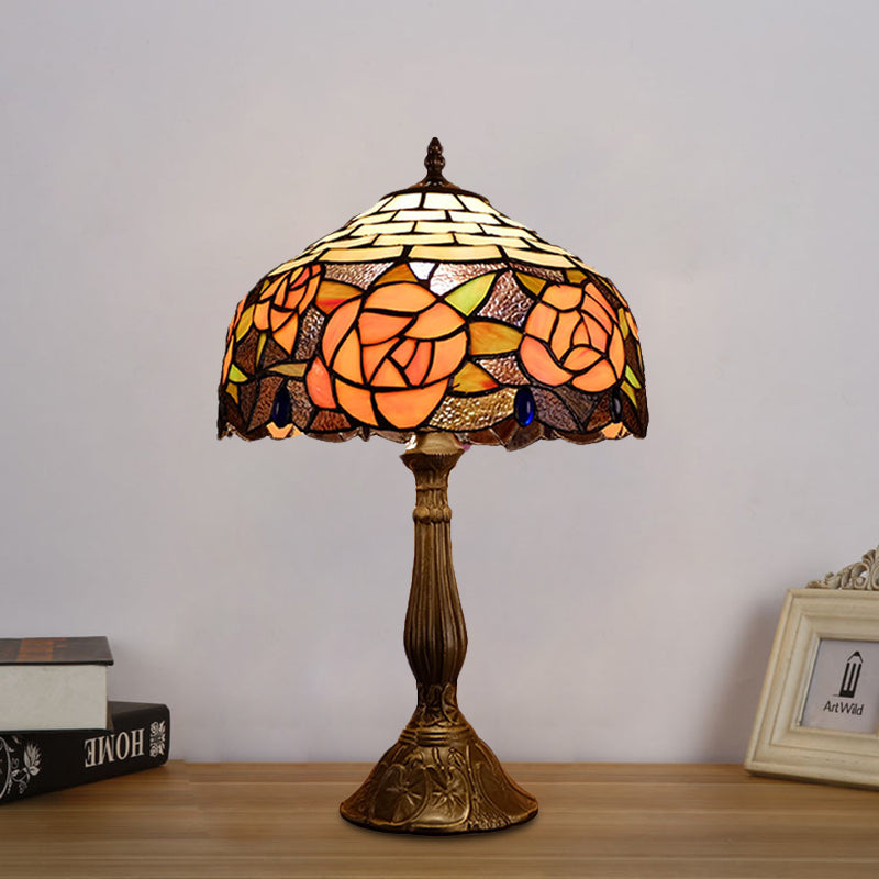 Red/Orange Bowl Table Lighting Tiffany 1 Light Stained Art Glass Rose Patterned Night Lamp for Bedroom Orange Clearhalo 'Lamps' 'Table Lamps' Lighting' 894299