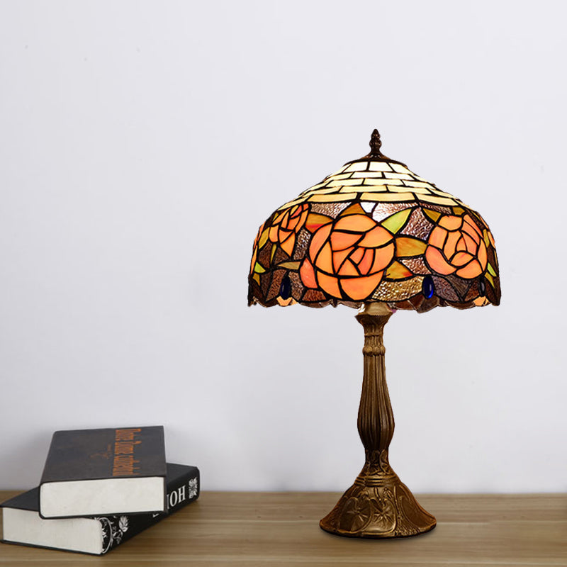 Red/Orange Bowl Table Lighting Tiffany 1 Light Stained Art Glass Rose Patterned Night Lamp for Bedroom Clearhalo 'Lamps' 'Table Lamps' Lighting' 894300