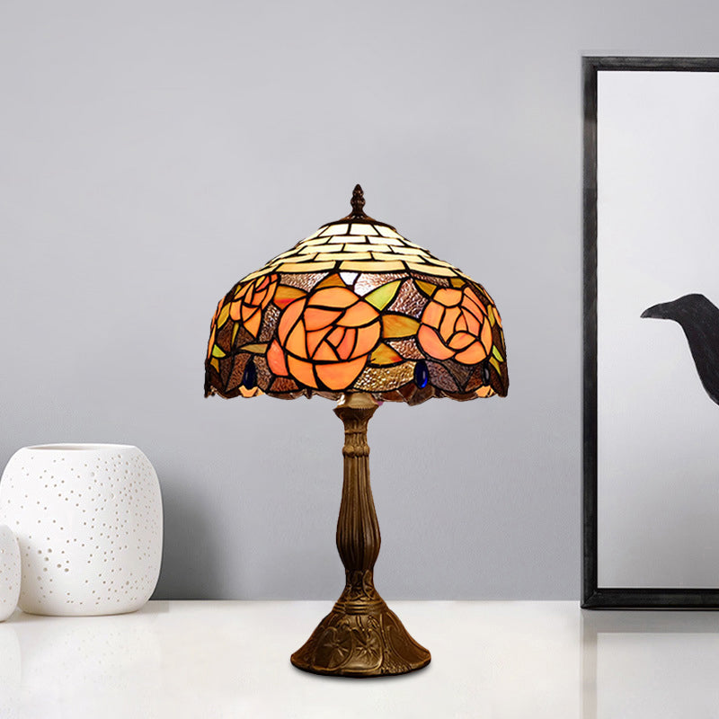 Red/Orange Bowl Table Lighting Tiffany 1 Light Stained Art Glass Rose Patterned Night Lamp for Bedroom Clearhalo 'Lamps' 'Table Lamps' Lighting' 894301