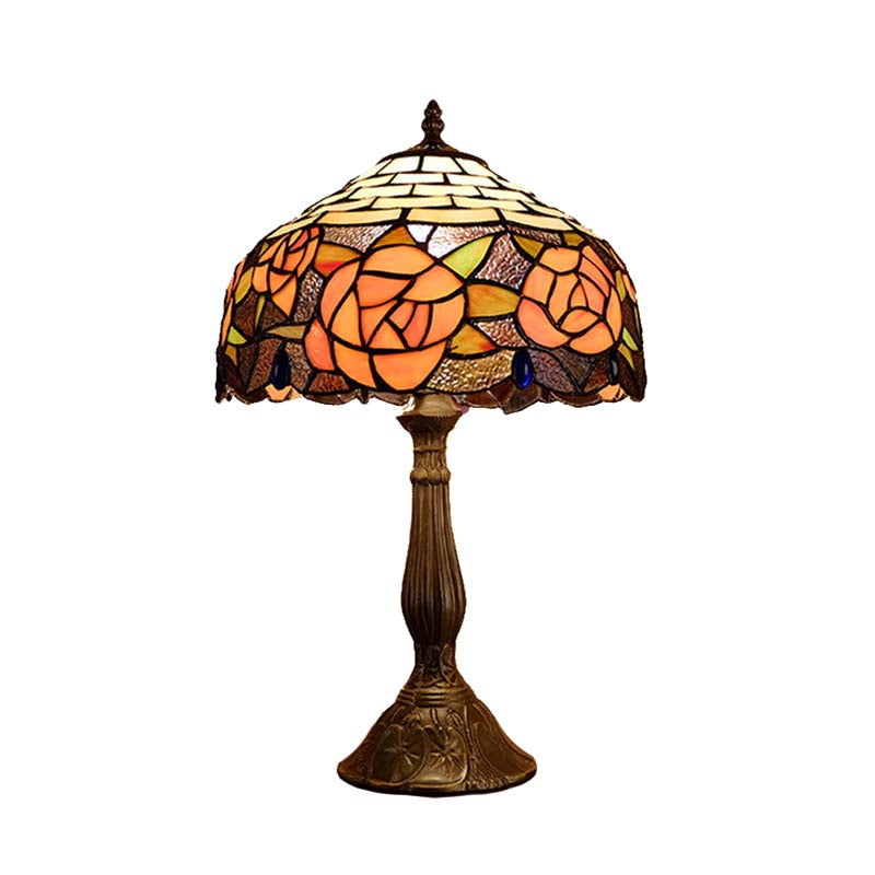 Red/Orange Bowl Table Lighting Tiffany 1 Light Stained Art Glass Rose Patterned Night Lamp for Bedroom Clearhalo 'Lamps' 'Table Lamps' Lighting' 894302