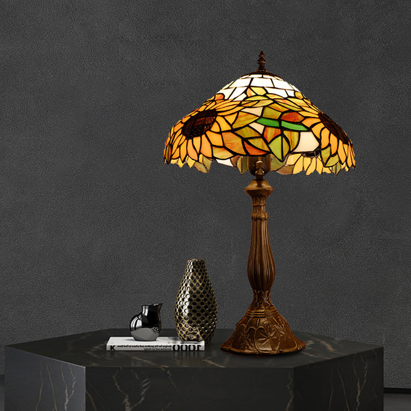 Baroque Bowl Shade Table Light 1-Bulb Hand Cut Glass Sunflower Patterned Nightstand Lighting in Yellow/Orange Clearhalo 'Lamps' 'Table Lamps' Lighting' 894308