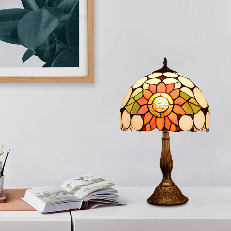 Bronze 1-Head Night Lighting Mediterranean Hand Cut Glass Domed Shade Nightstand Lamp with Sunflower Pattern Bronze Clearhalo 'Lamps' 'Table Lamps' Lighting' 894311