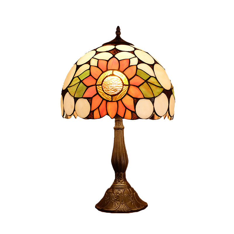 Bronze 1-Head Night Lighting Mediterranean Hand Cut Glass Domed Shade Nightstand Lamp with Sunflower Pattern Clearhalo 'Lamps' 'Table Lamps' Lighting' 894313