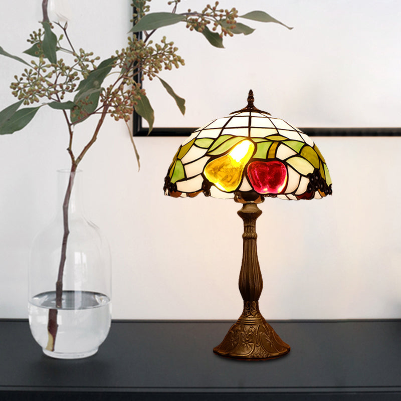 Bowl Shade Night Light Tiffany Stained Glass 1 Light Bronze Finish Table Lamp with Fruit Pattern Clearhalo 'Lamps' 'Table Lamps' Lighting' 894320