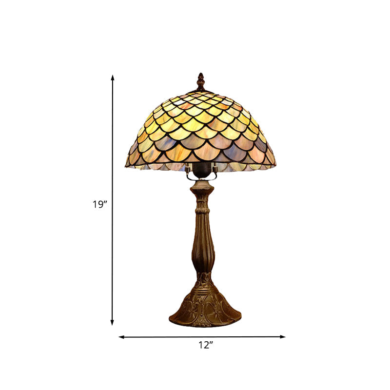 Hand Cut Glass Dome Nightstand Lamp Baroque 1 Head Bronze Table Lighting with Scale Pattern Clearhalo 'Lamps' 'Table Lamps' Lighting' 894326