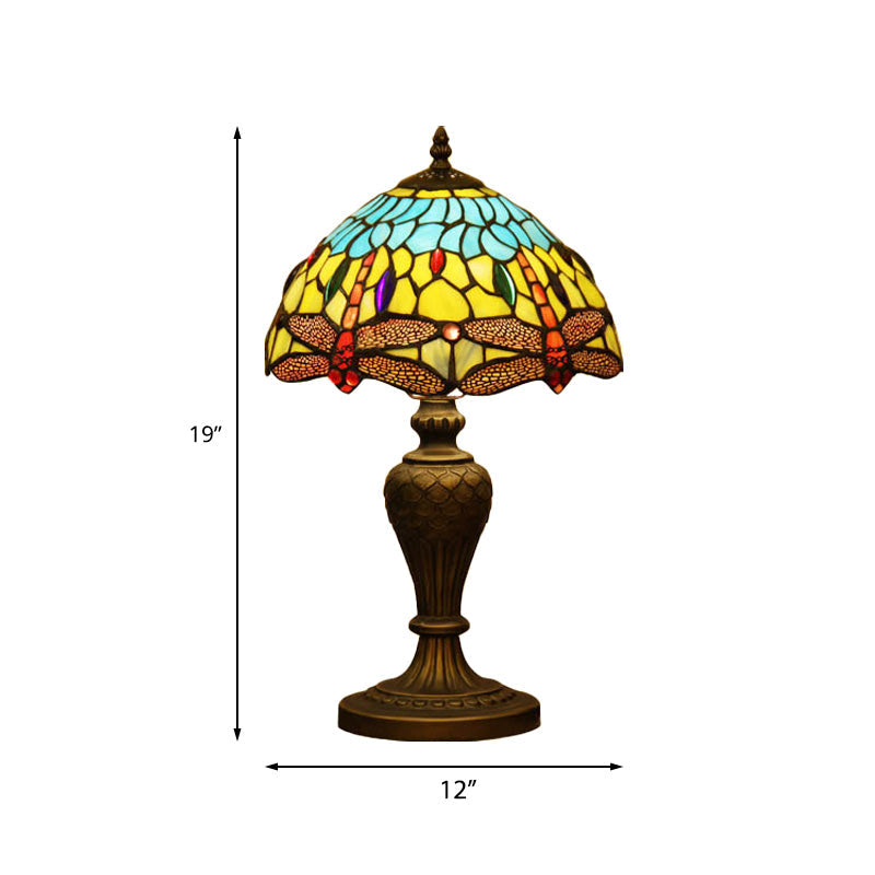 Stained Glass Domed Night Light Victorian 1 Light Yellow and Blue Dragonfly Patterned Desk Lamp with Urn-Shaped Base Clearhalo 'Lamps' 'Table Lamps' Lighting' 894546