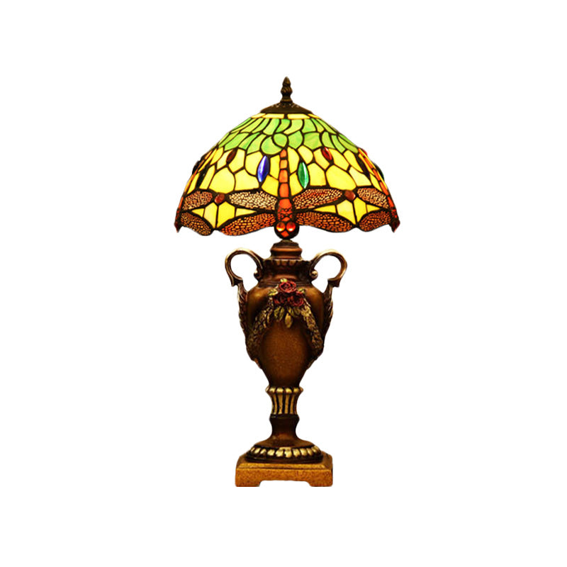 Victorian Bowl Shape Desk Light 1 Head Stained Art Glass Trophy Night Table Lamp in Blue/Green with Dragonfly Pattern Clearhalo 'Lamps' 'Table Lamps' Lighting' 894593