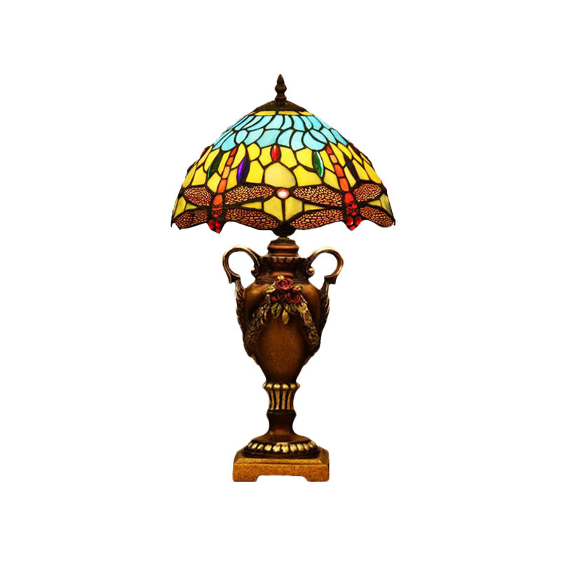 Victorian Bowl Shape Desk Light 1 Head Stained Art Glass Trophy Night Table Lamp in Blue/Green with Dragonfly Pattern Clearhalo 'Lamps' 'Table Lamps' Lighting' 894598