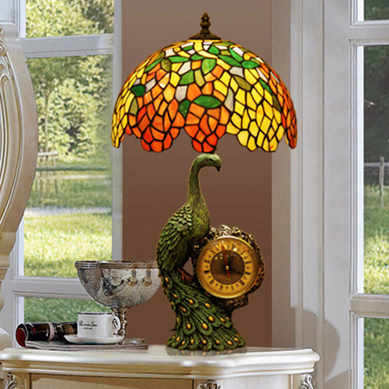 Green 1 Head Night Light Tiffany Stained Glass Wisteria Table Lamp with Peacock and Clock Base Green Clearhalo 'Lamps' 'Table Lamps' Lighting' 894599