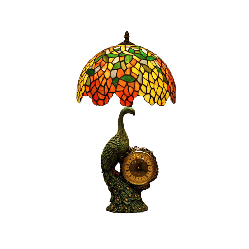 Green 1 Head Night Light Tiffany Stained Glass Wisteria Table Lamp with Peacock and Clock Base Clearhalo 'Lamps' 'Table Lamps' Lighting' 894601