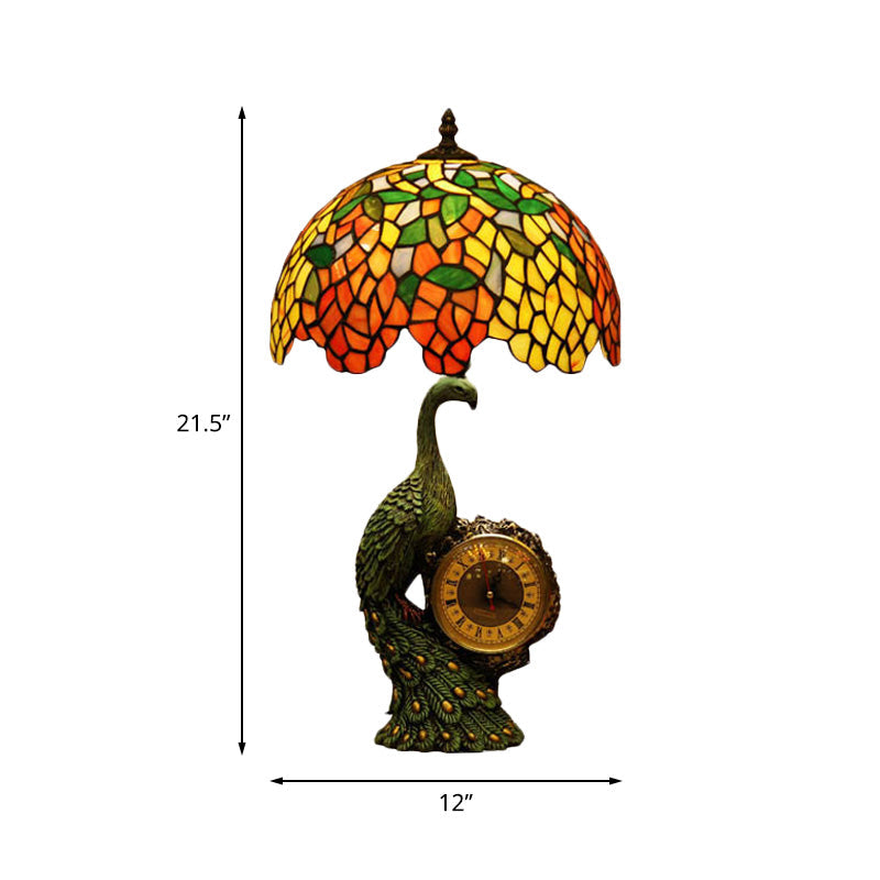 Green 1 Head Night Light Tiffany Stained Glass Wisteria Table Lamp with Peacock and Clock Base Clearhalo 'Lamps' 'Table Lamps' Lighting' 894602